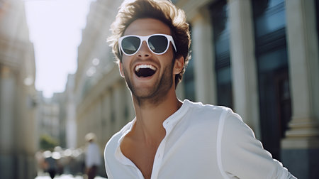 Portrait of a handsome young man in sunglasses. Men's beauty, fashion.の素材