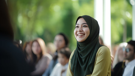Happy muslim woman with hijab smiling and looking at the camera.の素材