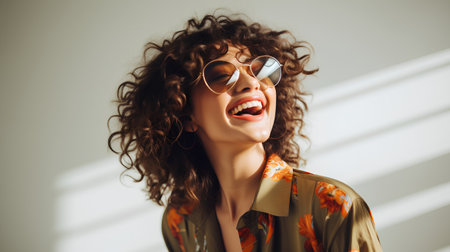 Portrait of a beautiful young woman with curly hair and sunglasses.の素材