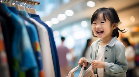 Happy asian little girl shopping in the mall (shallow DOF)の素材