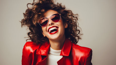 Fashionable young woman with curly hair in red leather jacket and sunglassesの素材