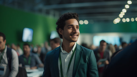 Portrait of a handsome young businessman standing in front of a group of people in a conference hallの素材