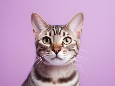 Close up portrait of a cute tabby bengal cat looking at camera, isolated on purple backgroundの素材