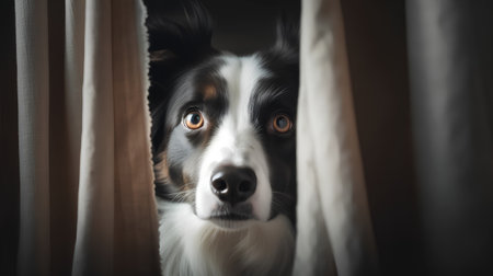 Portrait of border collie dog looking out of the window.の素材