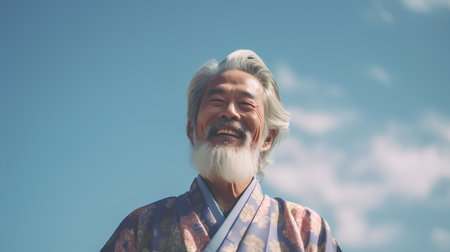 Portrait of senior Japanese man in kimono against blue skyの素材