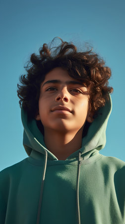 Portrait of a young man with curly hair in a green hoodie.の素材