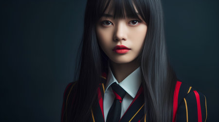 Portrait of beautiful asian woman with red lips on black backgroundの素材