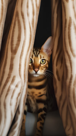 Cute bengal cat peeking out from behind the curtain.の素材