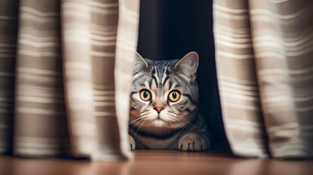 Cute tabby cat peeking out from behind the curtains.の素材