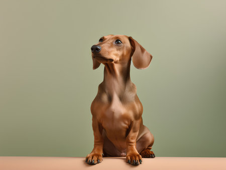 Studio portrait of a purebred dachshund dog sitting on a table against a green backgroundの素材