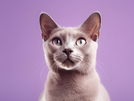 Portrait of a Burmese cat on a purple background.の素材