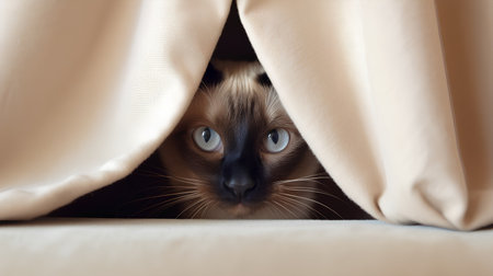 Siamese cat peeking out from under the cover of the bedの素材