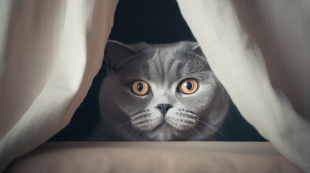 Cute british shorthair cat peeking out from under the curtains.の素材