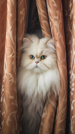 Persian cat peeking out of the curtains. Selective focus.の素材