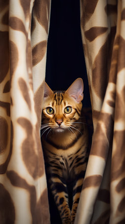 Cute bengal cat peeking out from behind a curtain.の素材