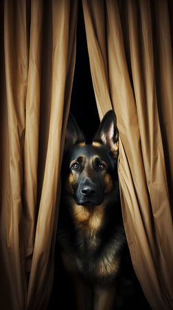 German shepherd dog looking out from behind the curtains. Studio shot.の素材