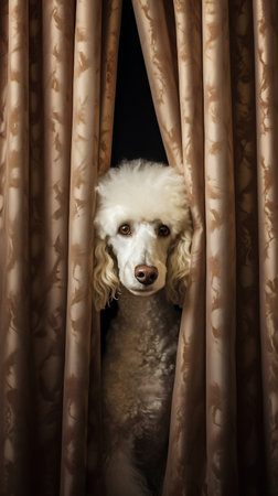 Studio portrait of a poodle dog looking through the curtains. Black background.の素材