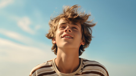 Portrait of a young man with his hair flying in the windの素材