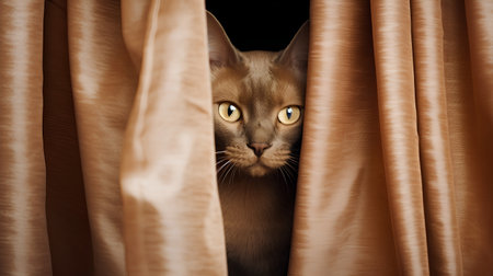 Close-up portrait of abyssinian cat hiding behind the curtain.の素材