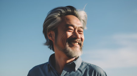 Portrait of a happy mature man with grey hair against blue skyの素材