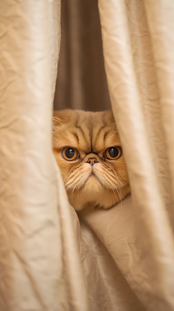 Cute persian cat peeking out from behind the curtain.の素材