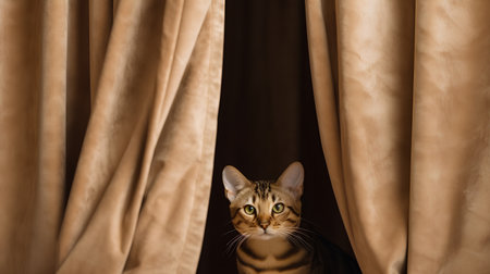 Cute bengal cat looking through the window at home.の素材