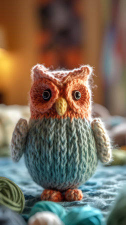 Handmade knitted toy owl on a background of warm woolen threadsの素材