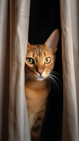 Beautiful Abyssinian cat peeking out of the window through the curtainsの素材