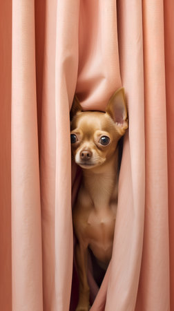Cute chihuahua puppy is hiding under the pink curtain.の素材