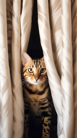 Cute bengal cat peeking out from behind the curtains.の素材