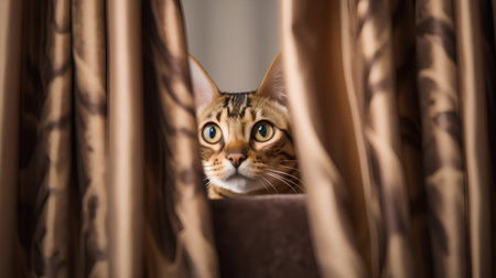 Cute bengal cat peeking out from behind the curtainsの素材