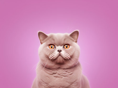 Funny british shorthair cat with orange eyes on pink backgroundの素材