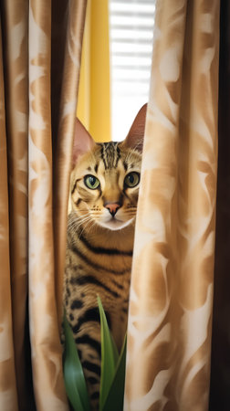 Bengal cat peeking out of the window through the curtainsの素材