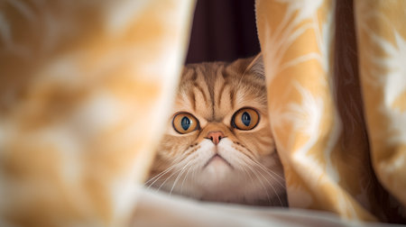 Cute ginger cat peeking out from behind the curtain. Fluffy pet.の素材