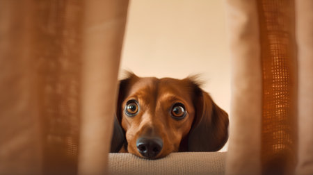 Dachshund dog peeking out of the window. Selective focus.の素材