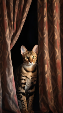 Bengal cat sitting in front of a window with curtains.の素材