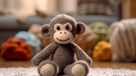 Cute toy monkey sitting on the carpet in the living room.の素材