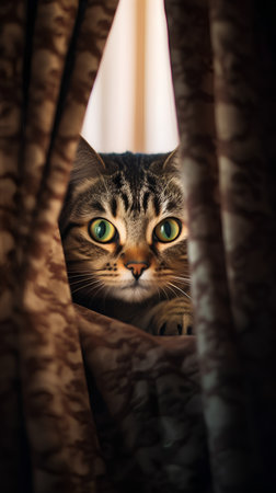 Cute tabby cat peeking out from behind the curtains.の素材