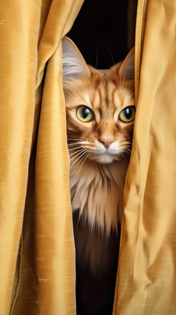 Portrait of a Maine Coon cat hiding behind a yellow curtainの素材