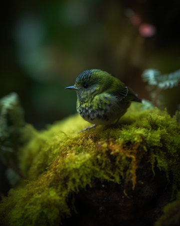 closeup shot of a small bird on a mossy tree trunkの素材