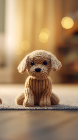 Cute toy dog sitting on the floor with bokeh backgroundの素材