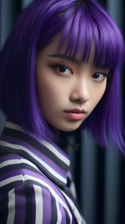 3d rendering of a girl with purple hair in a purple jacketの素材