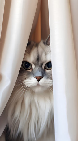 Cute cat peeking out from behind the curtain, close-upの素材