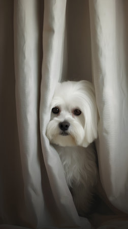 Cute Maltese dog peeking out from behind the curtain.の素材