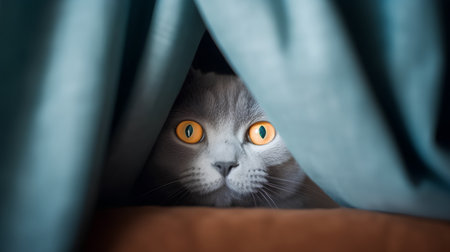 Portrait of a british shorthair cat hiding under a blanketの素材