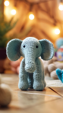 Knitted elephant toy on a wooden background with bokeh lightsの素材
