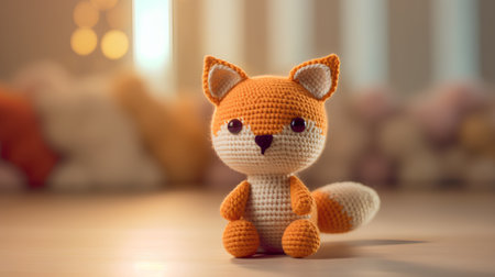 Knitted toy cat on the background of children's room. Selective focus.の素材