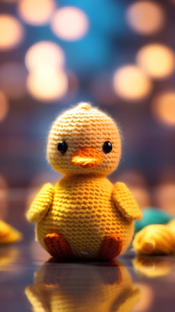 Cute knitted toy duck on a bokeh background.の素材