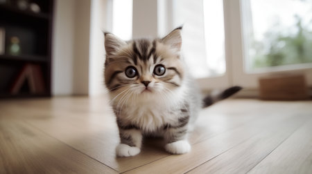 Cute siberian kitten looking at the camera. Shallow depth of field.の素材