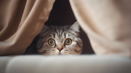 Cute tabby cat peeking out from behind the curtain.の素材